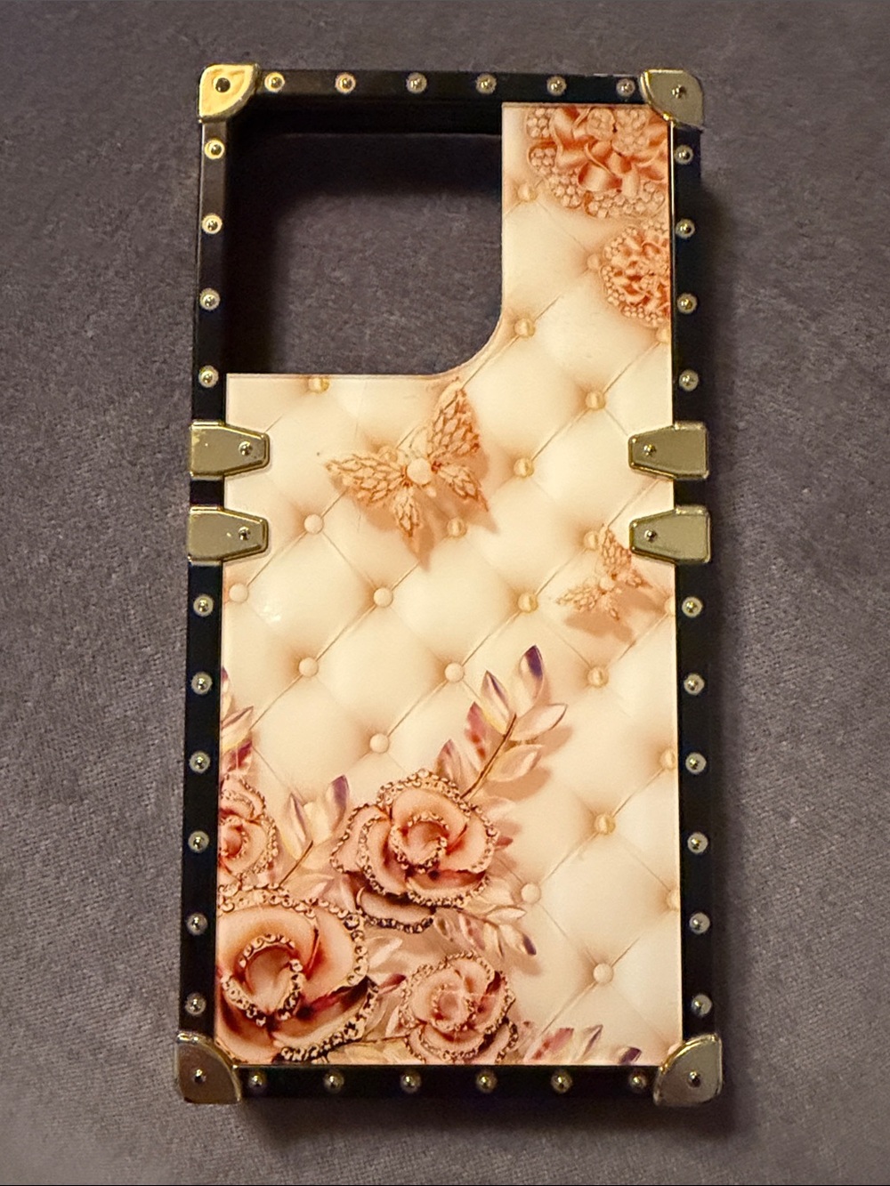 Floral Quilted Butterflies Phone Case with Gold Stud Accents